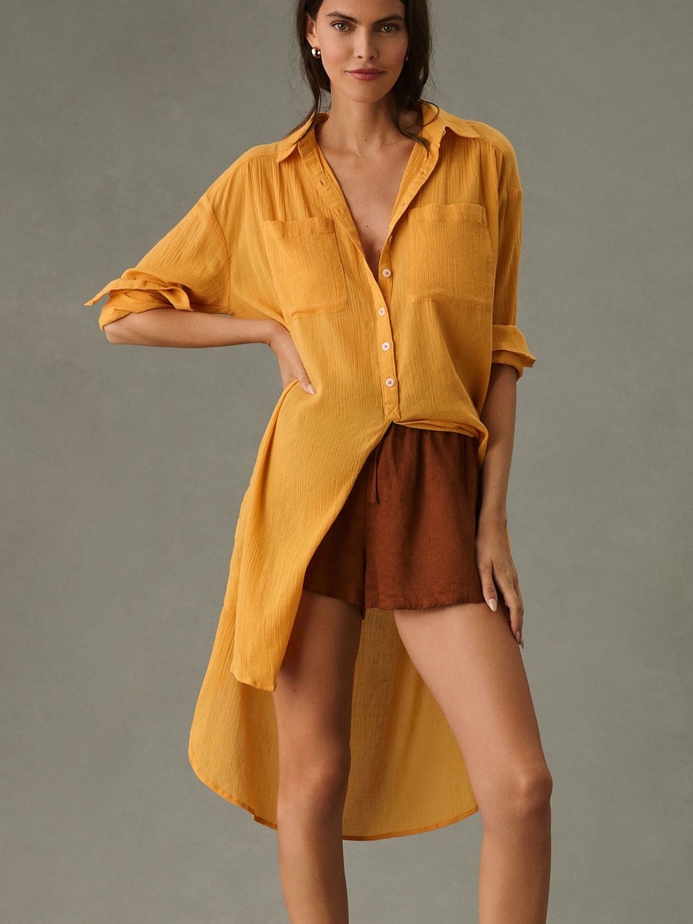 Anthropologie Mustard Button-Front Gauze Tie-Hem Shirt